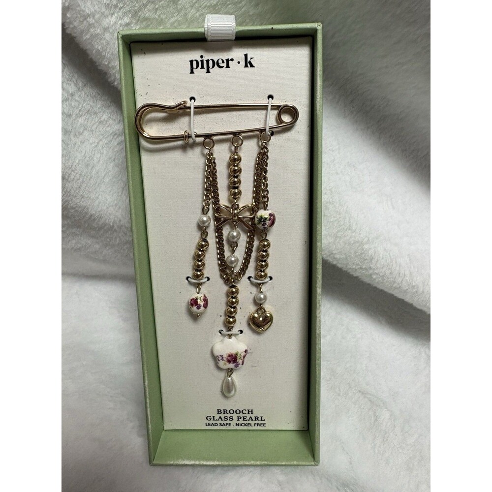 Piper K Brooch Safety Pin Gold Tone Glass Pearl Floral Bead Dangle Charm Jewelry